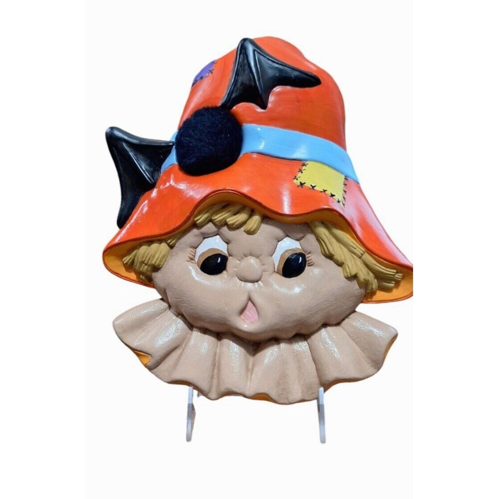 Vintage Ceramic‎ Hand Painted Halloween Fall Scarecrow Head Face and Pom Pom Bat